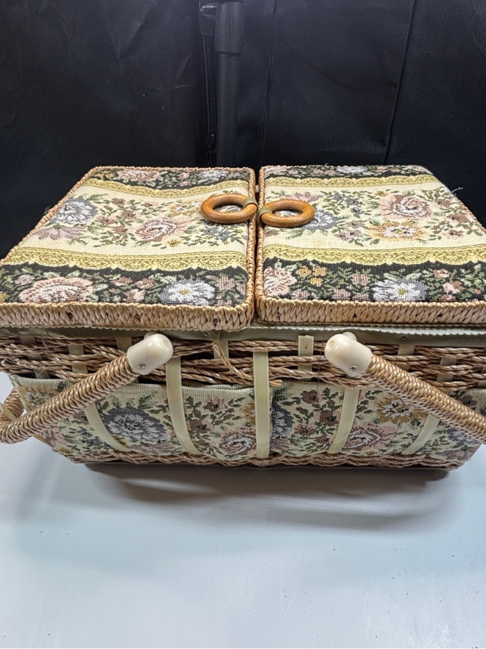 Vtg Sewing box Azar Tapestry fabric cushion covered 2 Handle W/contents Read